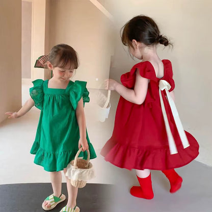 BreezeBloom – Ruffled Flying Sleeve A-Line Dress with Back Bow