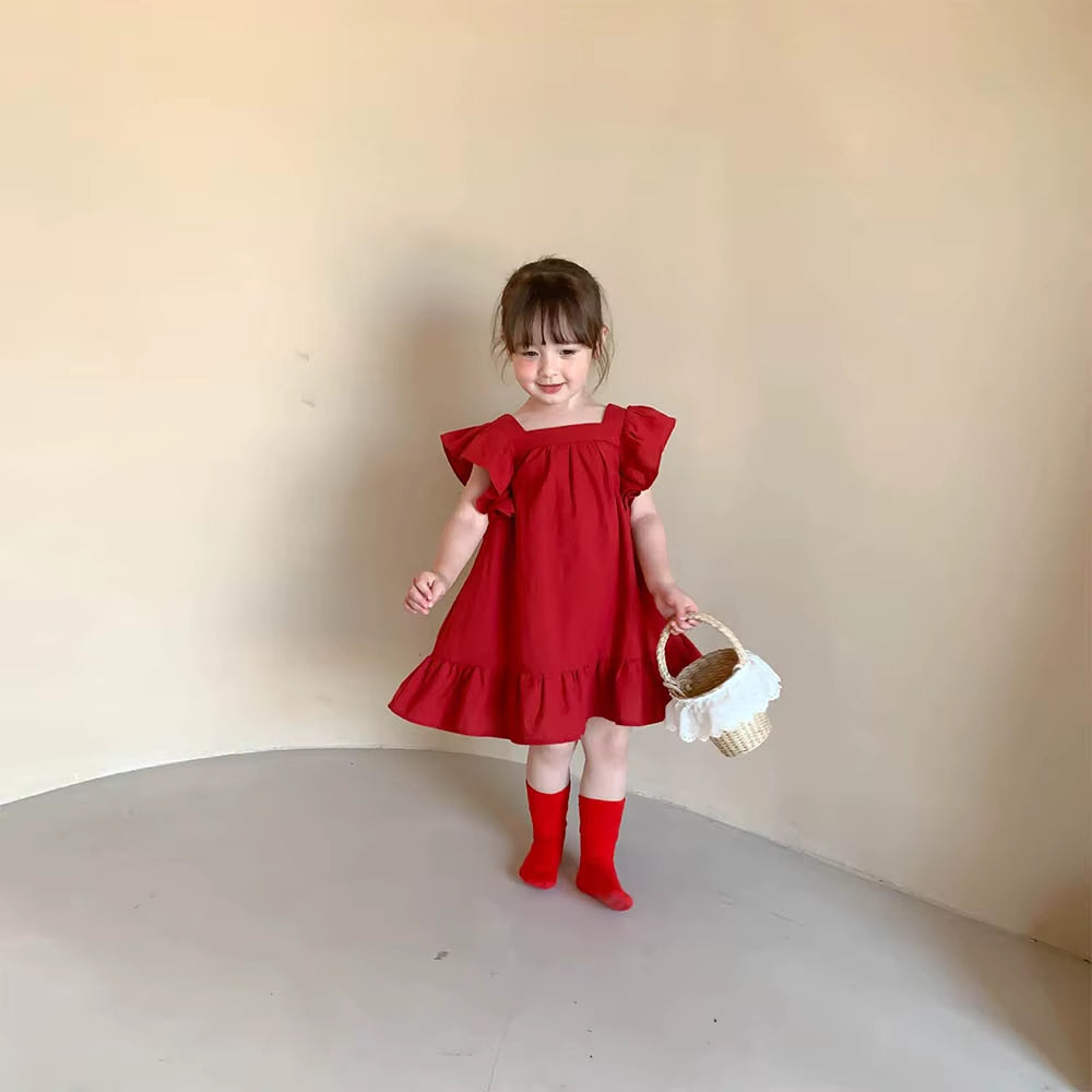 BreezeBloom – Ruffled Flying Sleeve A-Line Dress with Back Bow